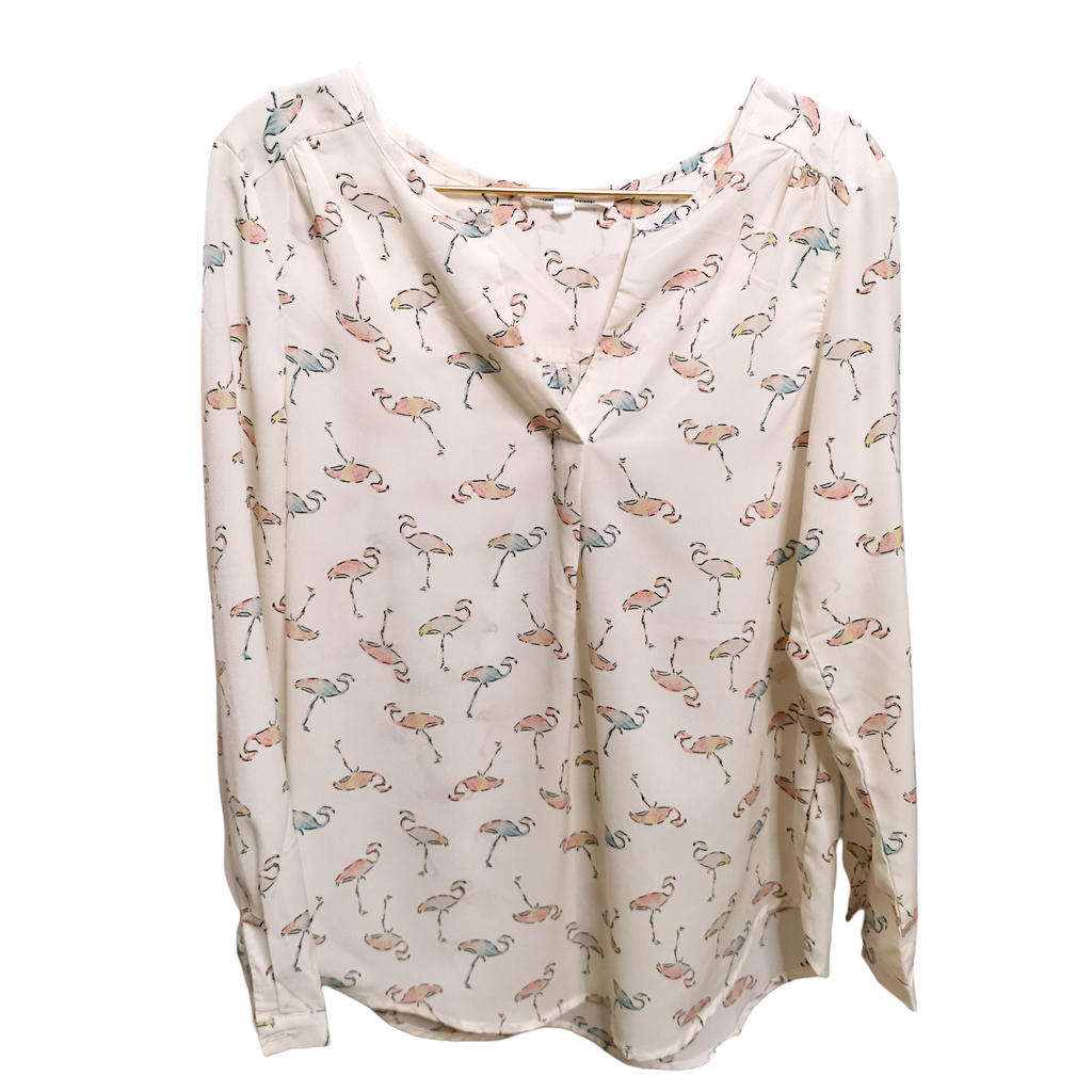 White Vintage Flamingo Print Blouse / Bela Vintage Košulja sa Flamingosima