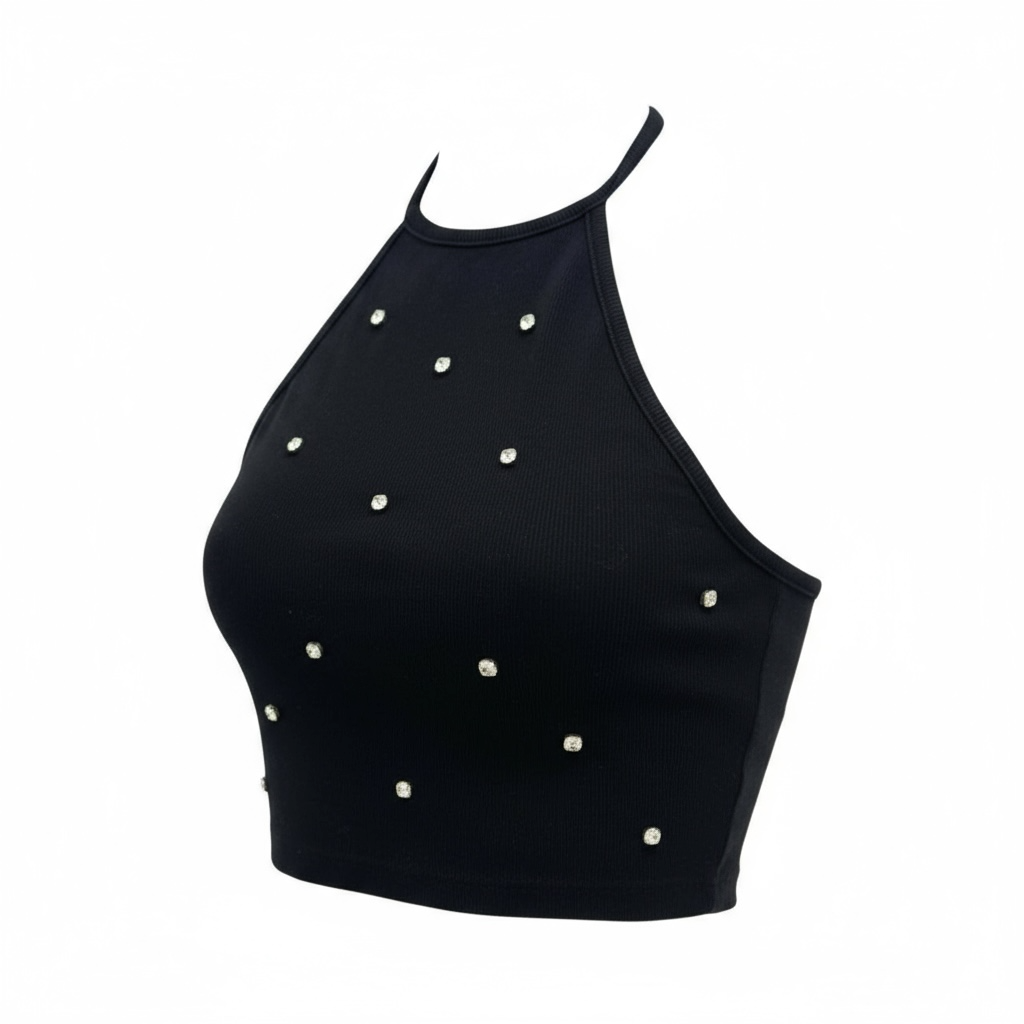 Crni vintage crop top sa cirkonima