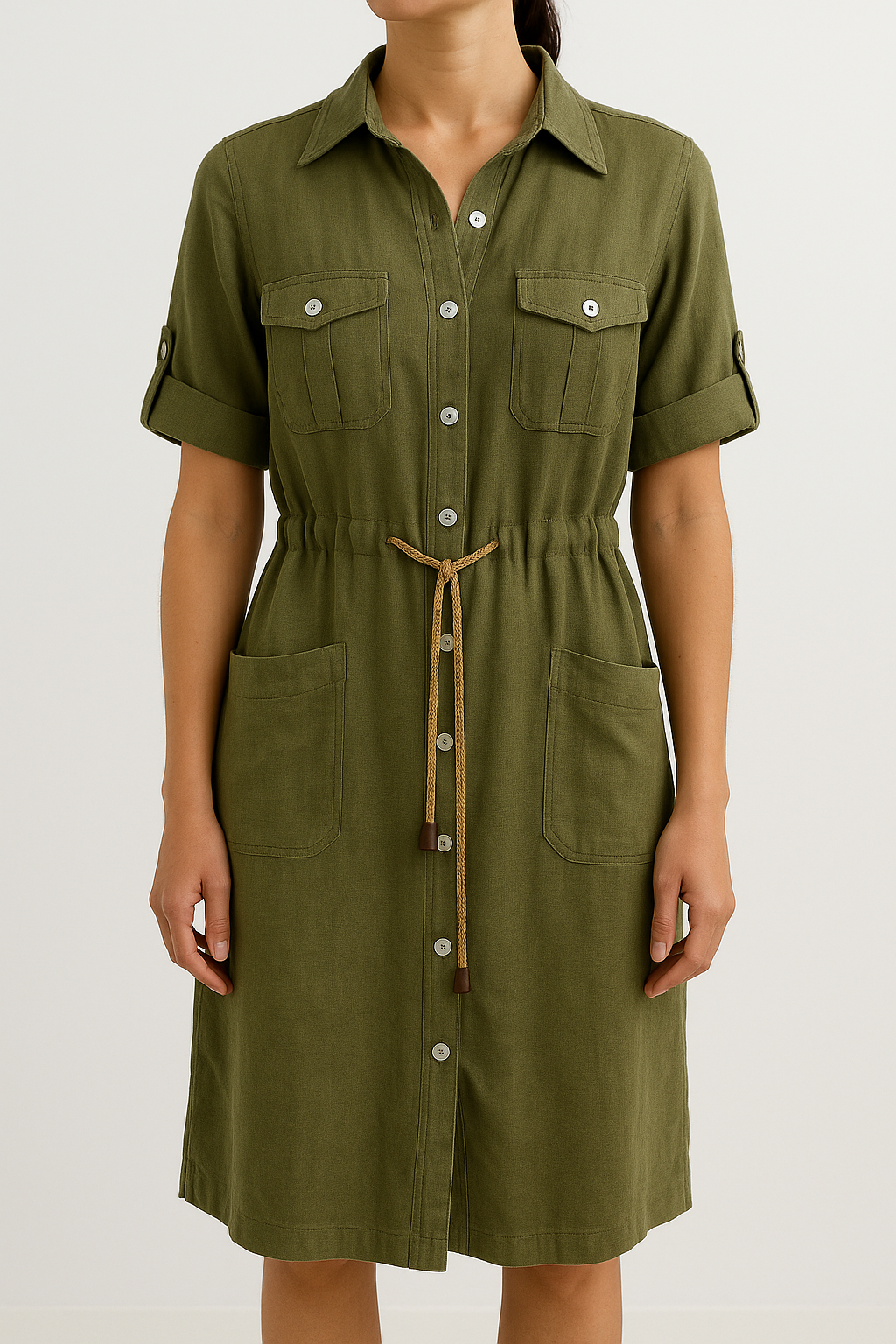 Maslinasto zelena lanena haljina domaće dizajnerke Bojane Jovanović S-L